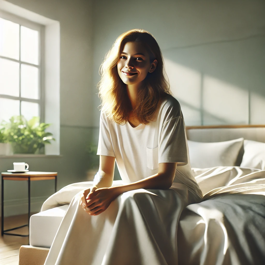 A cheerful woman with a radiant smile sits on her bed in a sunlit, cozy bedroom. She holds a steaming cup of herbal tea, looking relaxed and at ease.