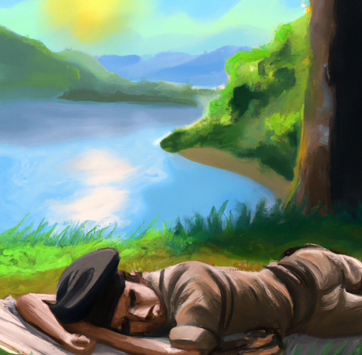 A painting of a calm and relaxed soldier sleeping by a sunny lake