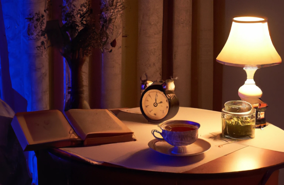 A book rests open on a bedside table next to a cup of herbal tea. An old-fashioned alarm clock stands nearby. The tranquil scene is softly lit.