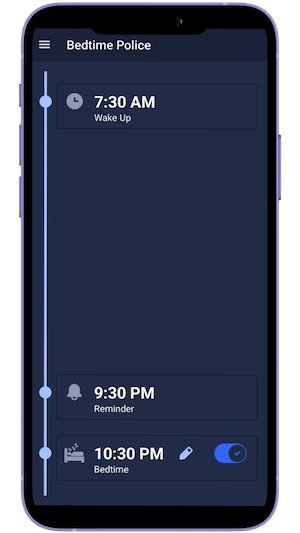 A home screen of the Bedtime Police Android digital detox app showing wake up time, reminder time and bedtime.