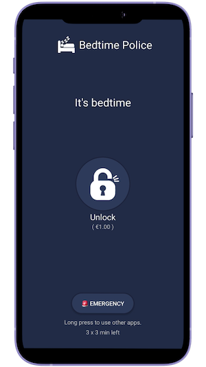 Bedtime Police app screenshot - 'It is bedtime' view that restricts phone usage. A button to unlock for 1,00€.