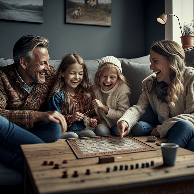 A happy family enjoys quality time together in their cozy living room. Parents and children are laughing, playing a board game, and engaging in lighthearted conversation.