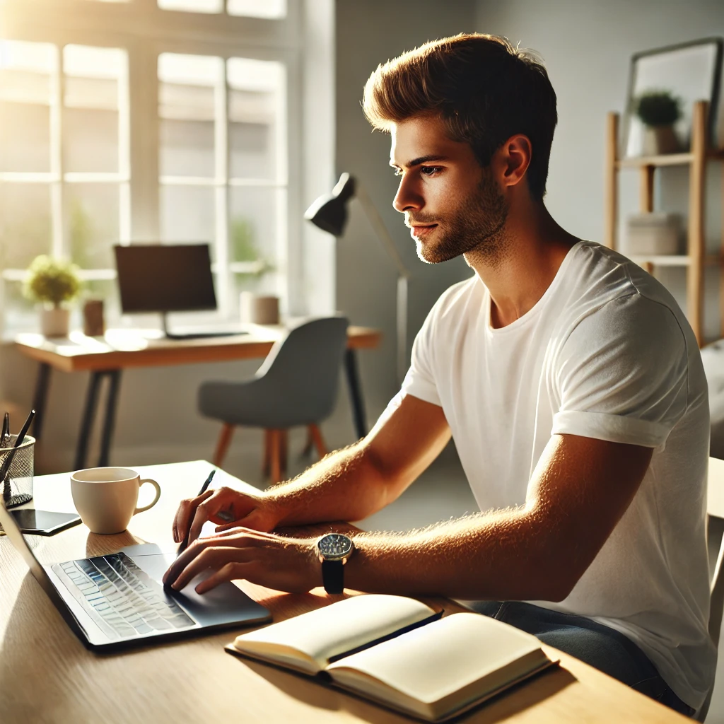 A young man, dressed in casual attire, working at a clean, organized desk in a modern home office. He is focused on his laptop, with a notebook and pen nearby. The room is bright with natural light, creating a productive midday atmosphere.