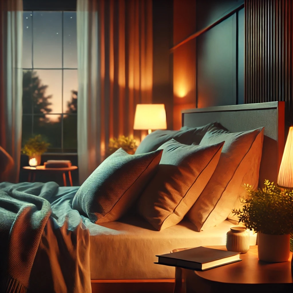 A serene, cozy bedroom at night with soft, warm lighting, featuring a comfortable bed, plush pillows, and a bedside table with a plant and a book, ideal for a digital detox and better sleep..