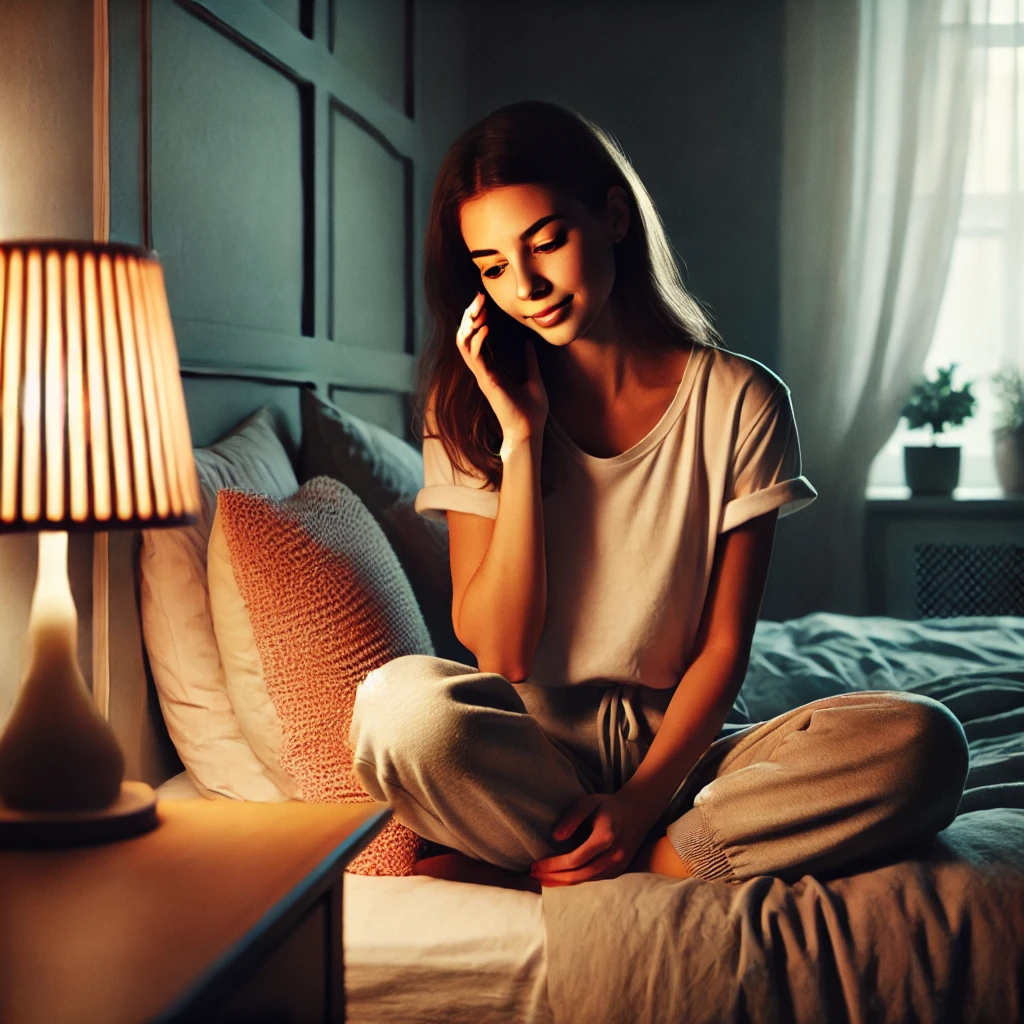 Millenial woman speaking on the phone in a cozym dimly lit bedroom settings.