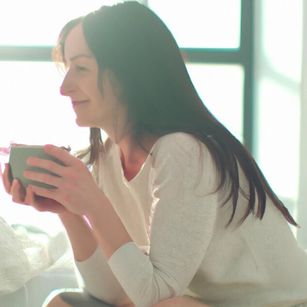 A cheerful woman with a radiant smile sits on her bed in a sunlit, cozy bedroom. She holds a steaming cup of herbal tea, looking relaxed and at ease.
